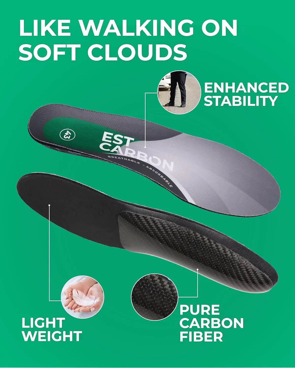 Carbon Fiber Arch Support Insoles for Plantar Fasciitis | Orthopedic Insoles for Men & Women 2 Pieces | High Arch Support Inserts for Flat Feet & Overpronation Relief | All Day Comfort and Support
