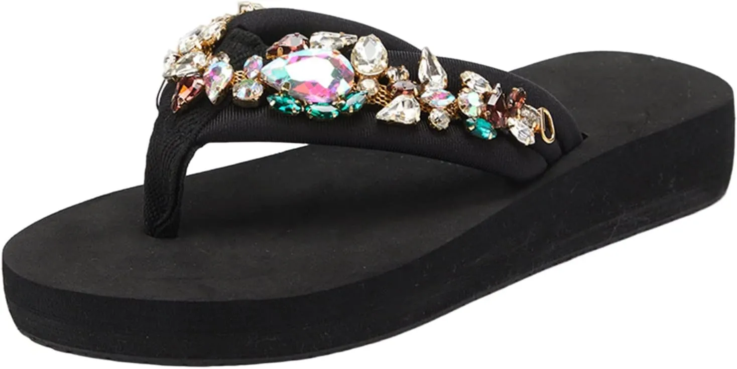 Comfortable Sandals for Women Slip-On Thong Wedge Sandal Rhinestone Platform Flip Flop Low Wedges Slipper Summer Shoes