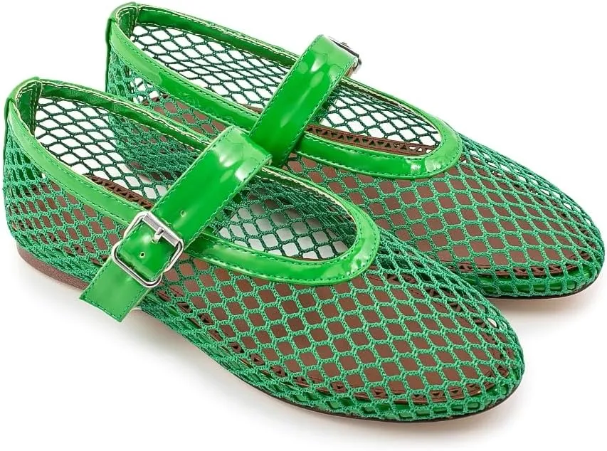 Fandimeier Mesh Ballet Flats for Women Fishnet Comfy Buckle Strap Ballerina Dressy Daily Flat Shoes