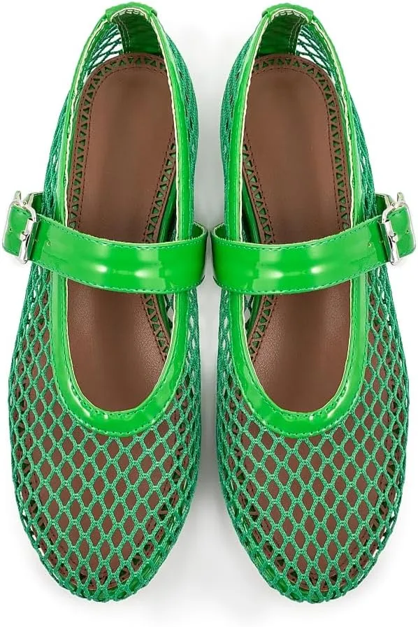 Fandimeier Mesh Ballet Flats for Women Fishnet Comfy Buckle Strap Ballerina Dressy Daily Flat Shoes