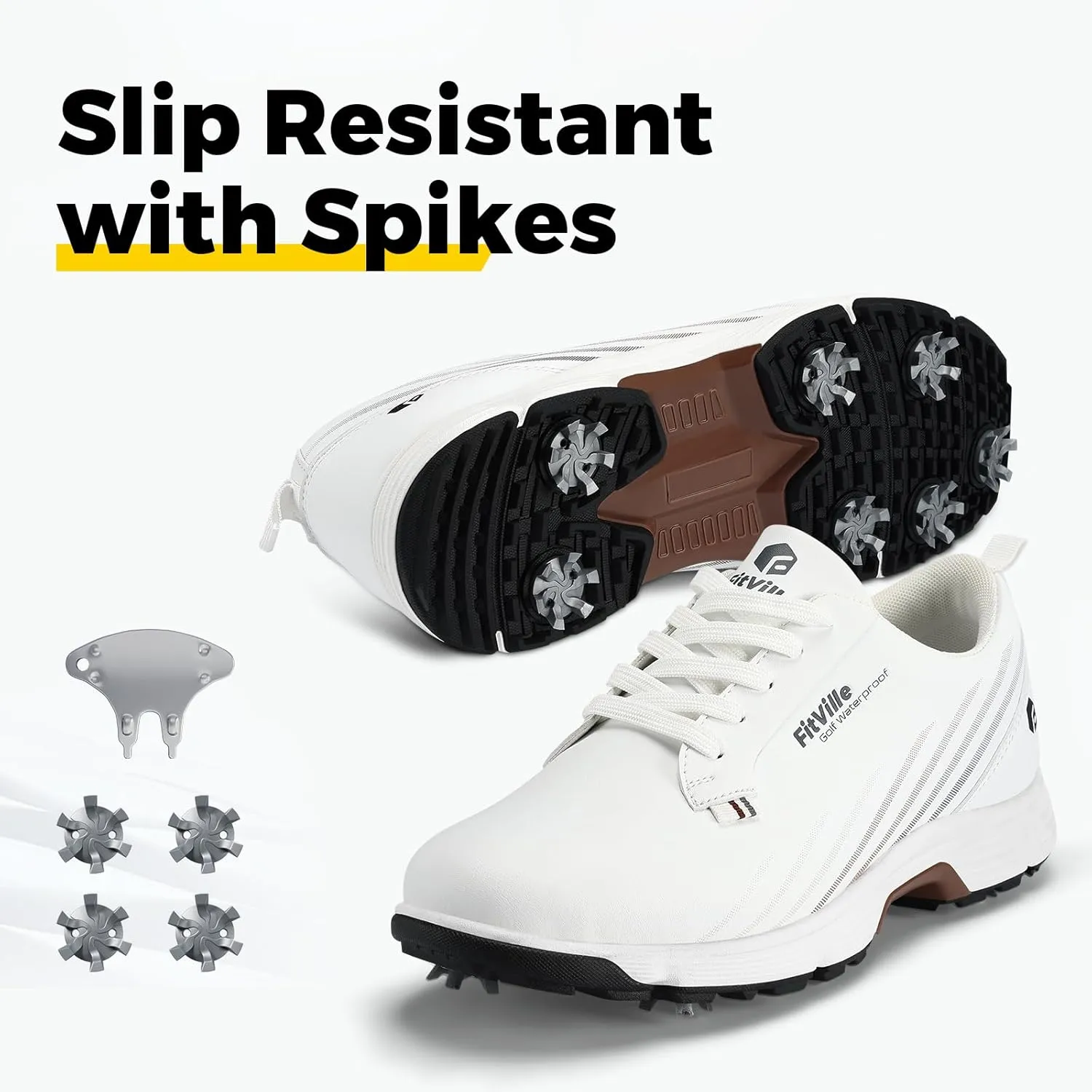 FitVille Wide Mens Golf Shoes Waterproof Lightweight Golf Shoes Men Spiked Extra Cushioning for Flat Feet Arch Support Heel Pain Relief