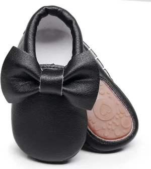 HONGTEYA Baby Moccasins with Rubber Sole&Soft Sole - Flower Print PU Leather Tassel Bow Girls Ballet Dress Shoes for Toddler