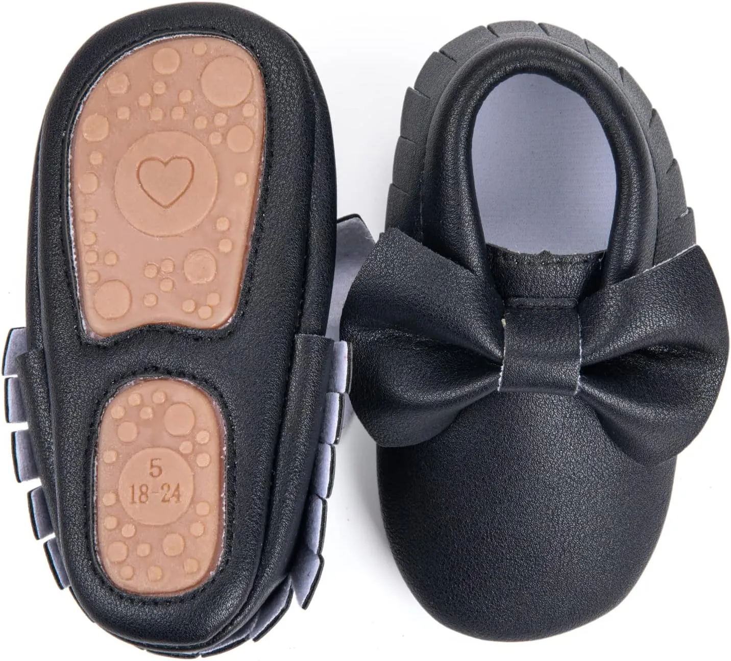 HONGTEYA Baby Moccasins with Rubber Sole&Soft Sole - Flower Print PU Leather Tassel Bow Girls Ballet Dress Shoes for Toddler