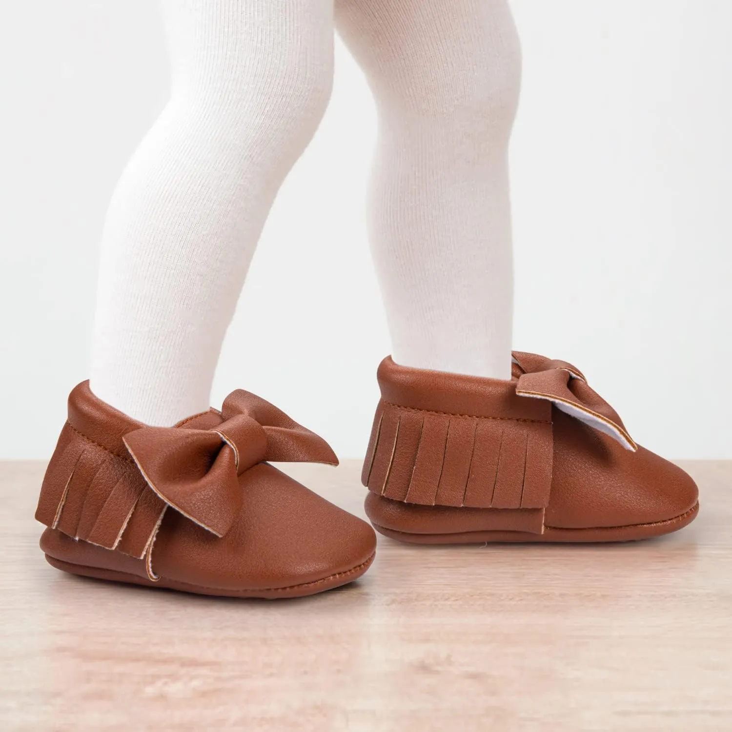 HONGTEYA Baby Moccasins with Rubber Sole&Soft Sole - Flower Print PU Leather Tassel Bow Girls Ballet Dress Shoes for Toddler