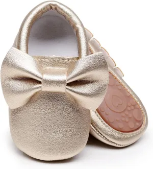 HONGTEYA Baby Moccasins with Rubber Sole&Soft Sole - Flower Print PU Leather Tassel Bow Girls Ballet Dress Shoes for Toddler