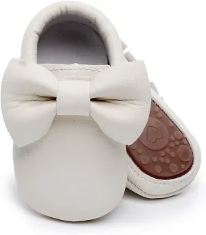 HONGTEYA Baby Moccasins with Rubber Sole&Soft Sole - Flower Print PU Leather Tassel Bow Girls Ballet Dress Shoes for Toddler