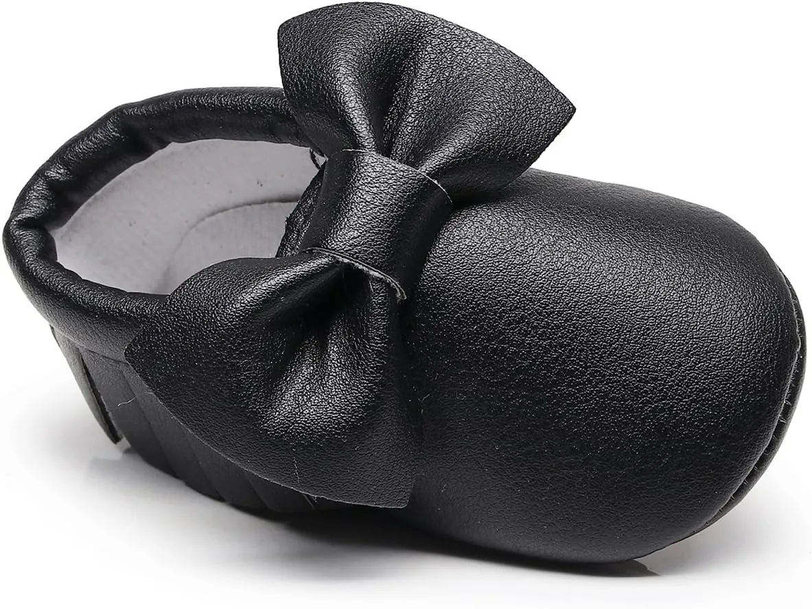 HONGTEYA Baby Moccasins with Rubber Sole&Soft Sole - Flower Print PU Leather Tassel Bow Girls Ballet Dress Shoes for Toddler