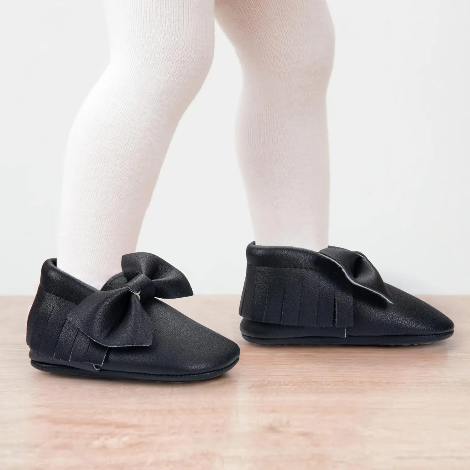 HONGTEYA Baby Moccasins with Rubber Sole&Soft Sole - Flower Print PU Leather Tassel Bow Girls Ballet Dress Shoes for Toddler