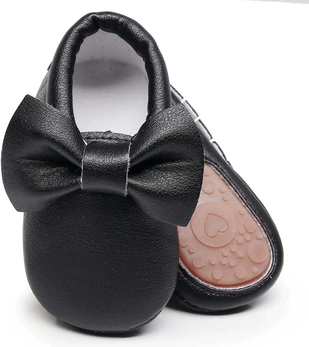 HONGTEYA Baby Moccasins with Rubber Sole&Soft Sole - Flower Print PU Leather Tassel Bow Girls Ballet Dress Shoes for Toddler