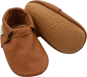 Infant Baby Moccasins with Rubber Sole - Soft Leather Anti Slip Crib Walking Baby Shoes Brown