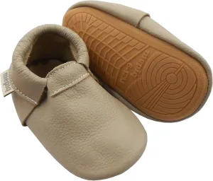 Infant Baby Moccasins with Rubber Sole - Soft Leather Anti Slip Crib Walking Baby Shoes Brown