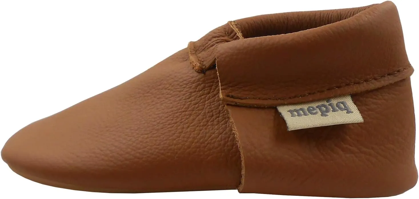 Infant Baby Moccasins with Rubber Sole - Soft Leather Anti Slip Crib Walking Baby Shoes Brown