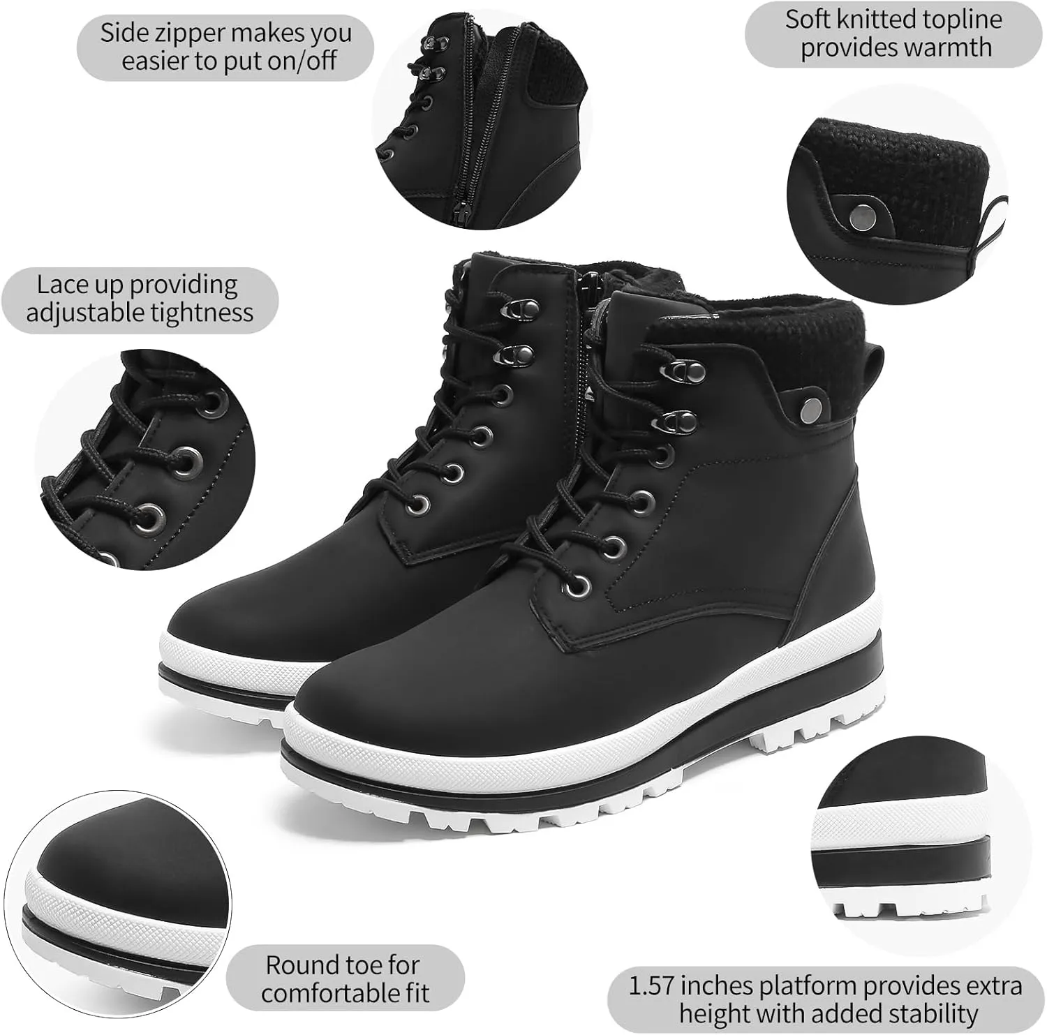 kufeiti Women's Waterproof Fur Lined Winter Boots Platform Black Combat Non Slip Boots with Side Zipper Snow Ankle Boots for Outdoor Hiking Work