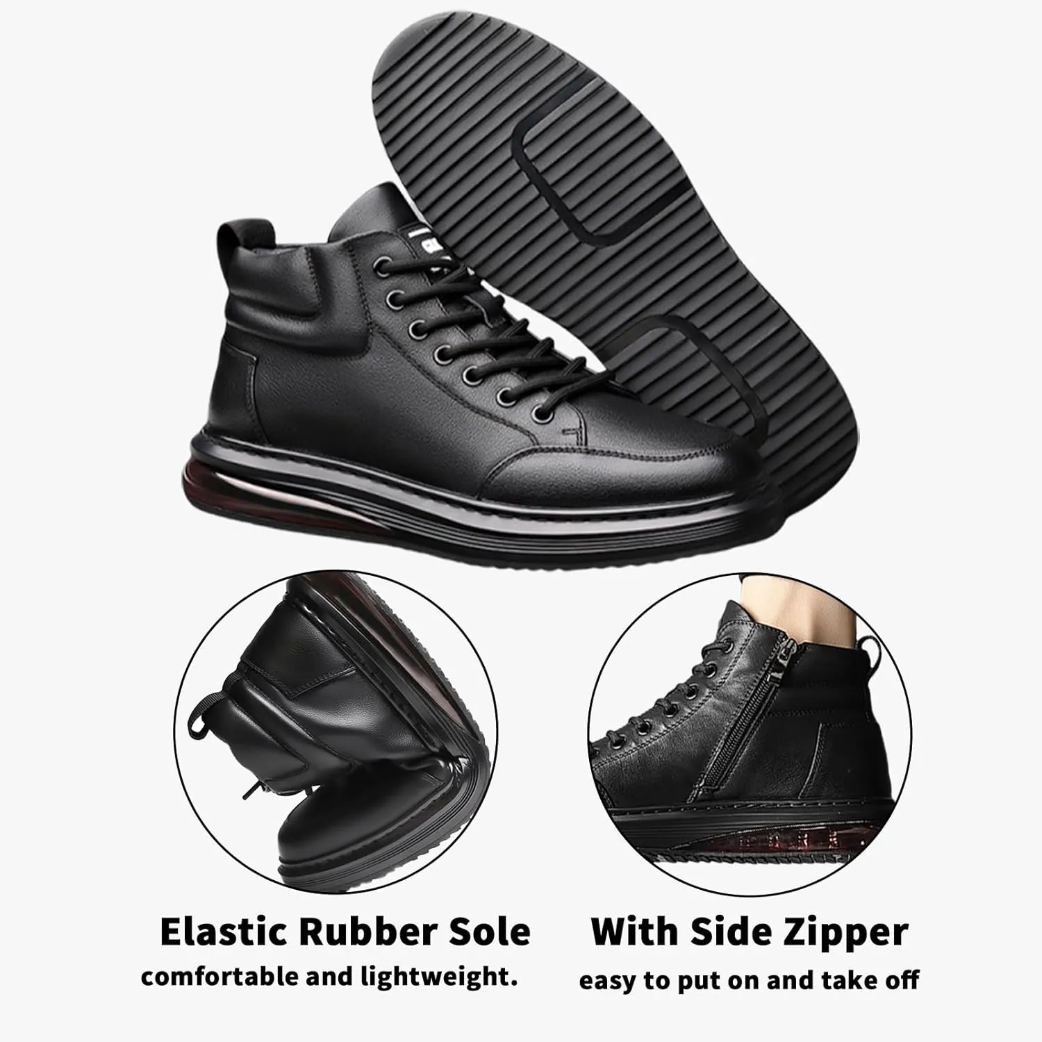 Mens High Top Shoes Black Lace Up Leather Boots Casual Leather Oxford Sneaker Boots Round Toe Zipper Boots for Men