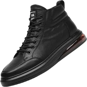Mens High Top Shoes Black Lace Up Leather Boots Casual Leather Oxford Sneaker Boots Round Toe Zipper Boots for Men