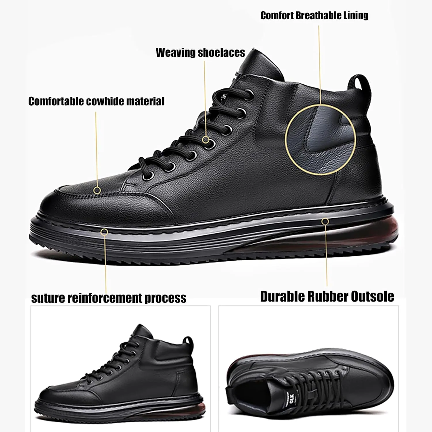 Mens High Top Shoes Black Lace Up Leather Boots Casual Leather Oxford Sneaker Boots Round Toe Zipper Boots for Men