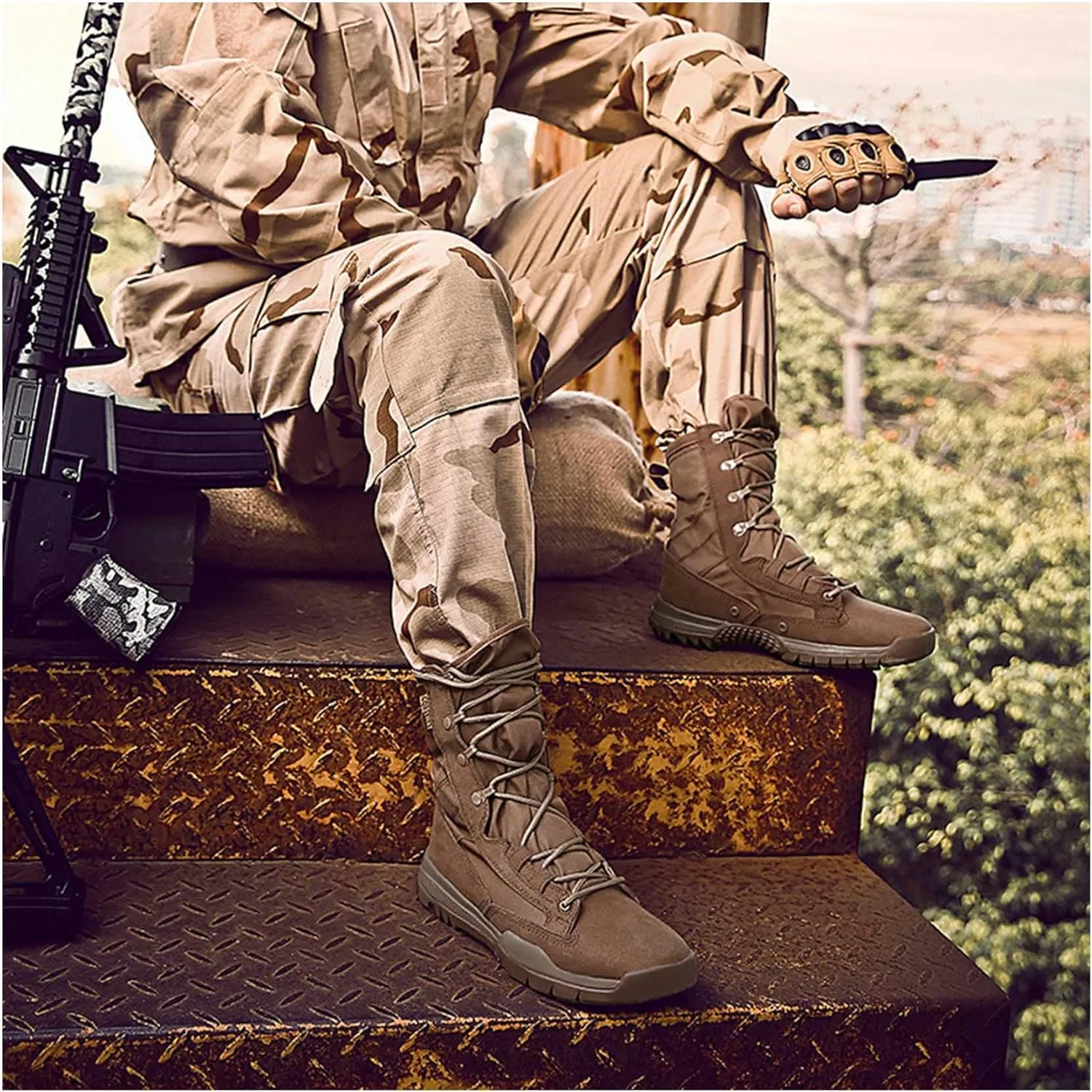 Men's Leather Military Tactical Boots Lightweight Work Boots Desert Combat Boots with Lifting Shoe String