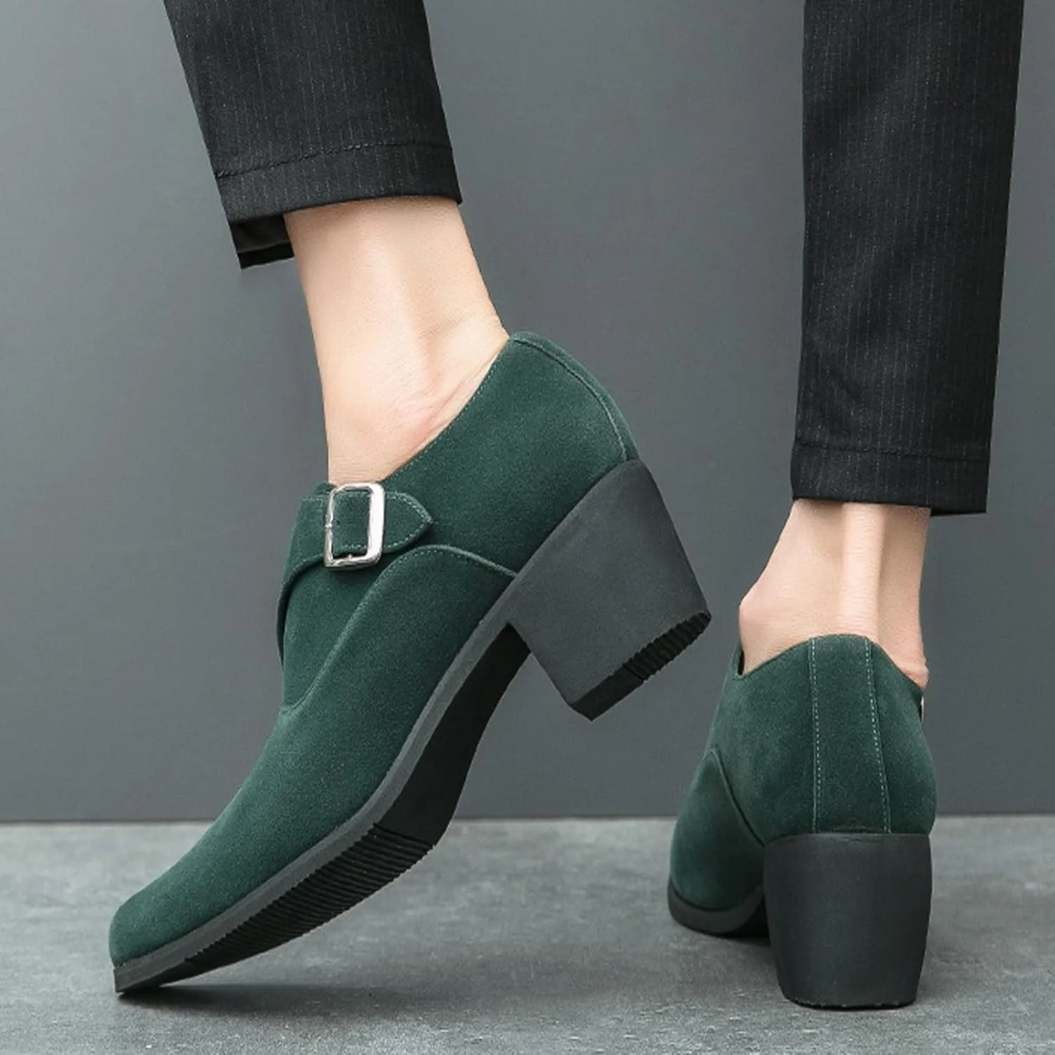 NELSBREXMen'S Suede Leather Chunky Heel Monk Strap Oxford Shoes Fashionable Pointed Toe Non-Slip Slip-On Block Heel Loafers Formal Business Dress Low top Chelsea Boots
