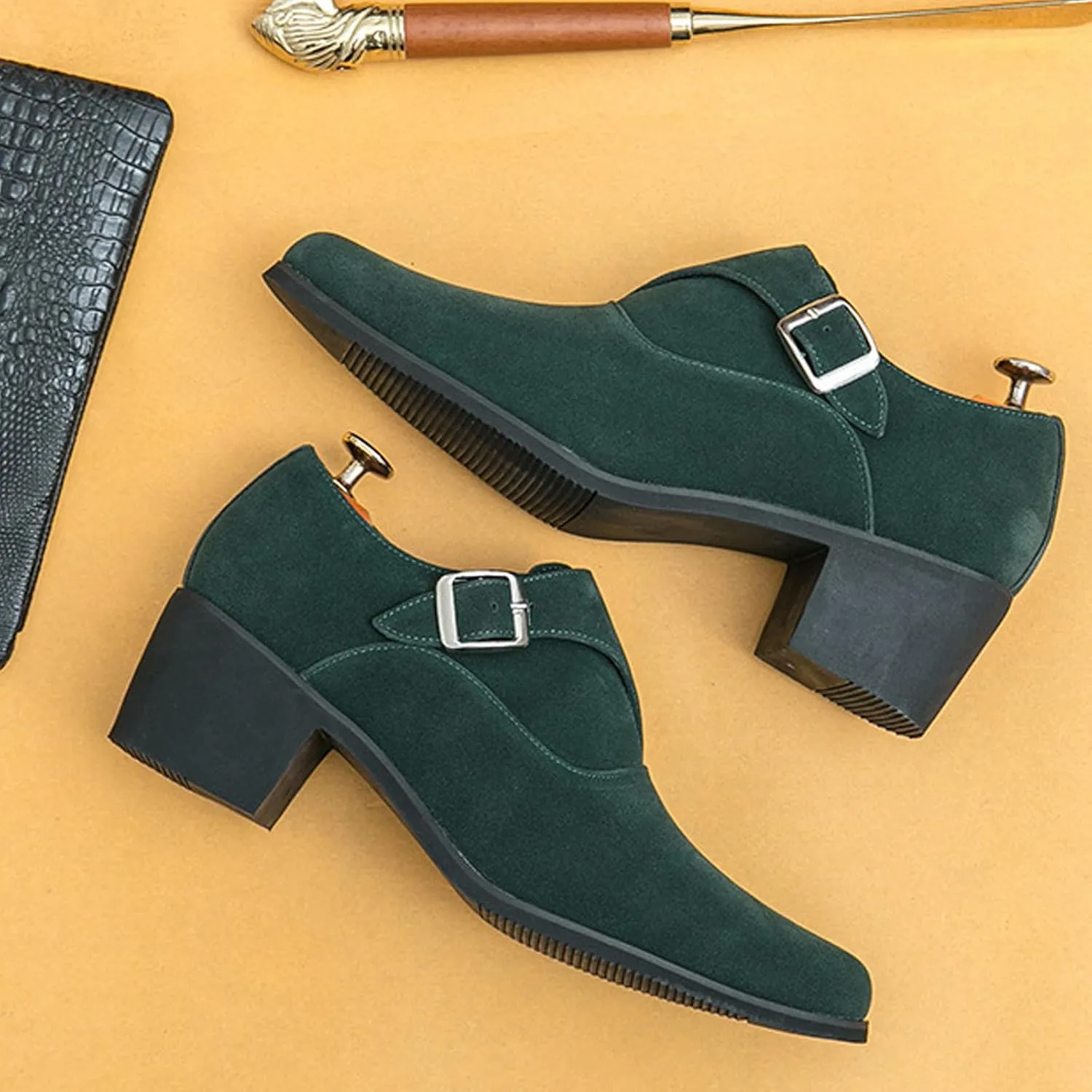 NELSBREXMen'S Suede Leather Chunky Heel Monk Strap Oxford Shoes Fashionable Pointed Toe Non-Slip Slip-On Block Heel Loafers Formal Business Dress Low top Chelsea Boots