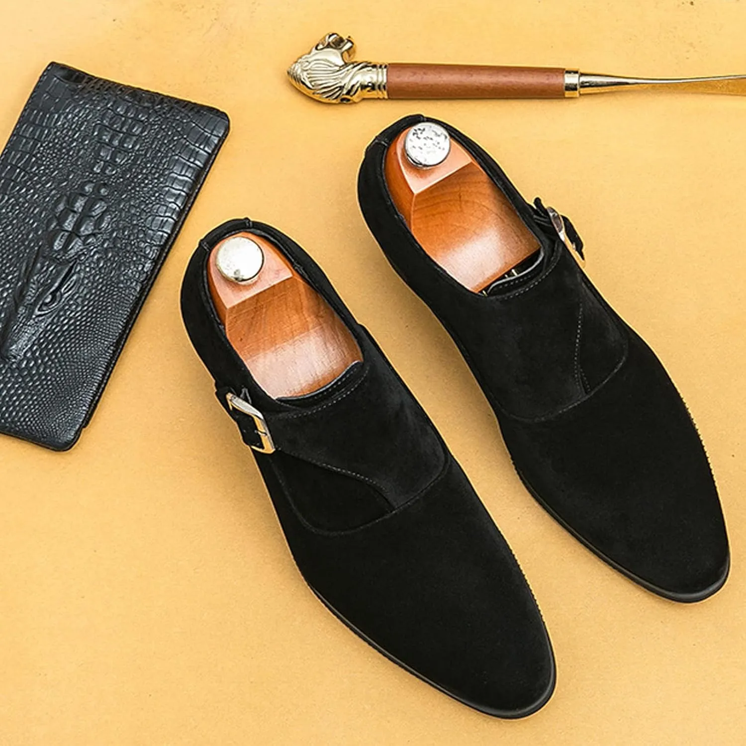 NELSBREXMen'S Suede Leather Chunky Heel Monk Strap Oxford Shoes Fashionable Pointed Toe Non-Slip Slip-On Block Heel Loafers Formal Business Dress Low top Chelsea Boots