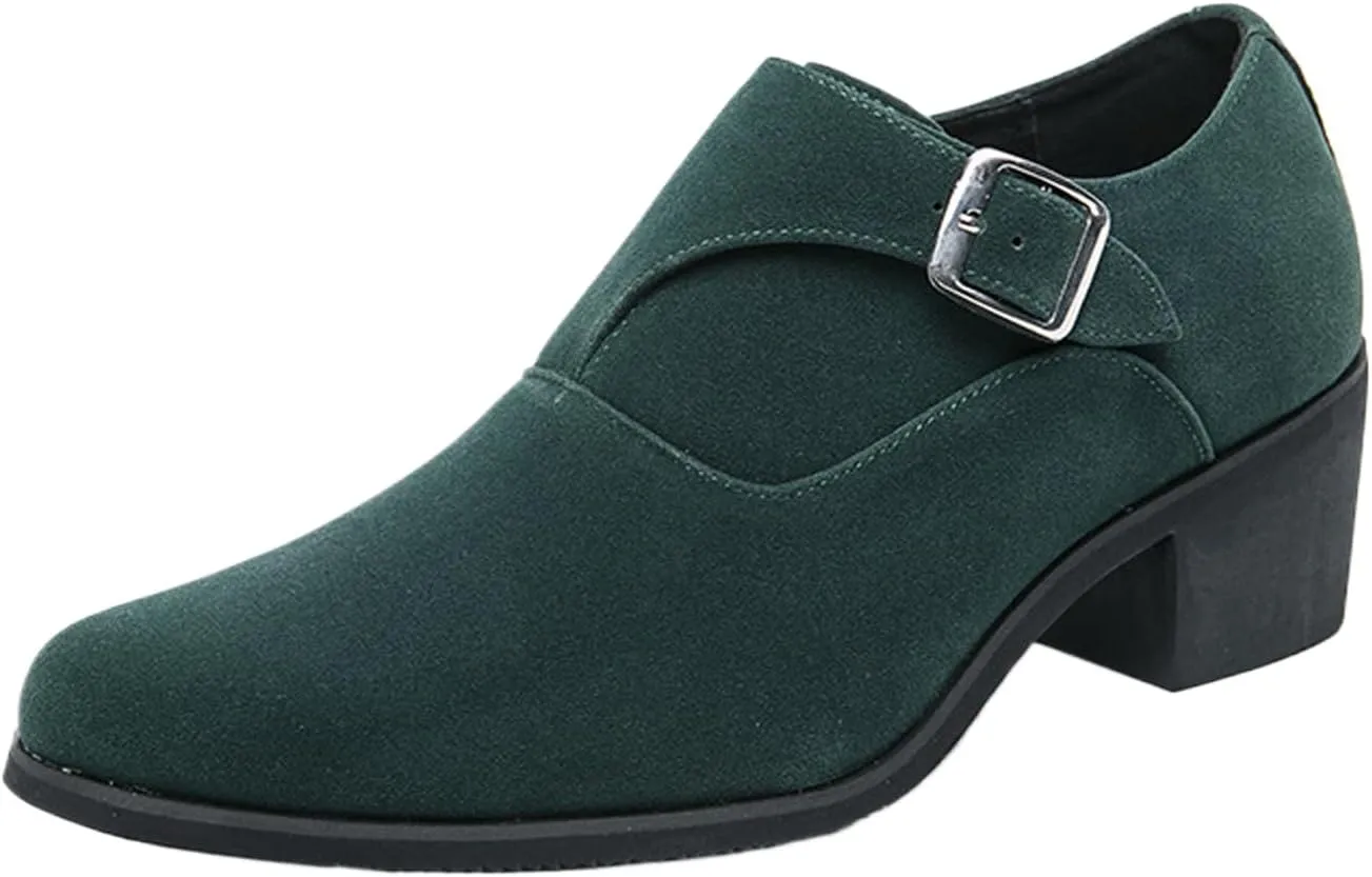 NELSBREXMen'S Suede Leather Chunky Heel Monk Strap Oxford Shoes Fashionable Pointed Toe Non-Slip Slip-On Block Heel Loafers Formal Business Dress Low top Chelsea Boots