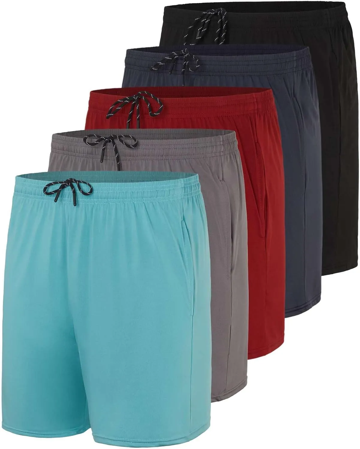 Real Essentials 5 Pack: Men's 5" Inseam Dry-Fit Running Workout Shorts - Pockets & Drawstring (Available in Big & Tall)