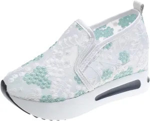 SACFOF Women's Floral Embroidery Breathable Mesh Sneakers Summer Platform Shoes Hidden Wedge High Top Walking Sneakers