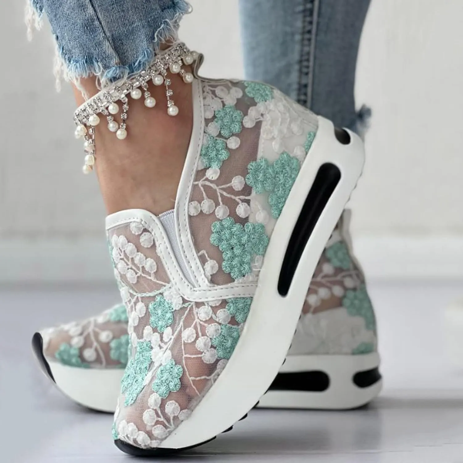 SACFOF Women's Floral Embroidery Breathable Mesh Sneakers Summer Platform Shoes Hidden Wedge High Top Walking Sneakers
