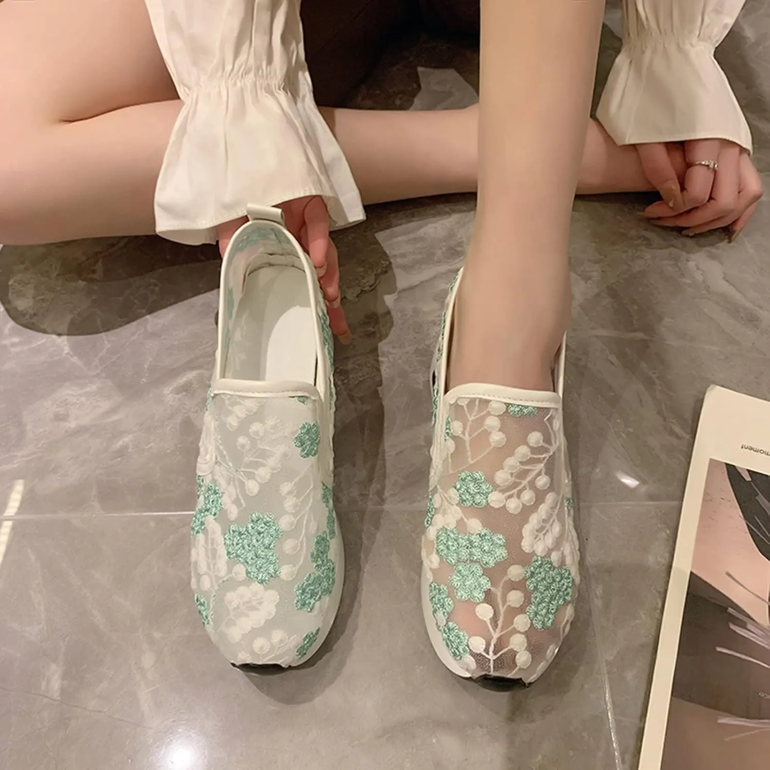 SACFOF Women's Floral Embroidery Breathable Mesh Sneakers Summer Platform Shoes Hidden Wedge High Top Walking Sneakers