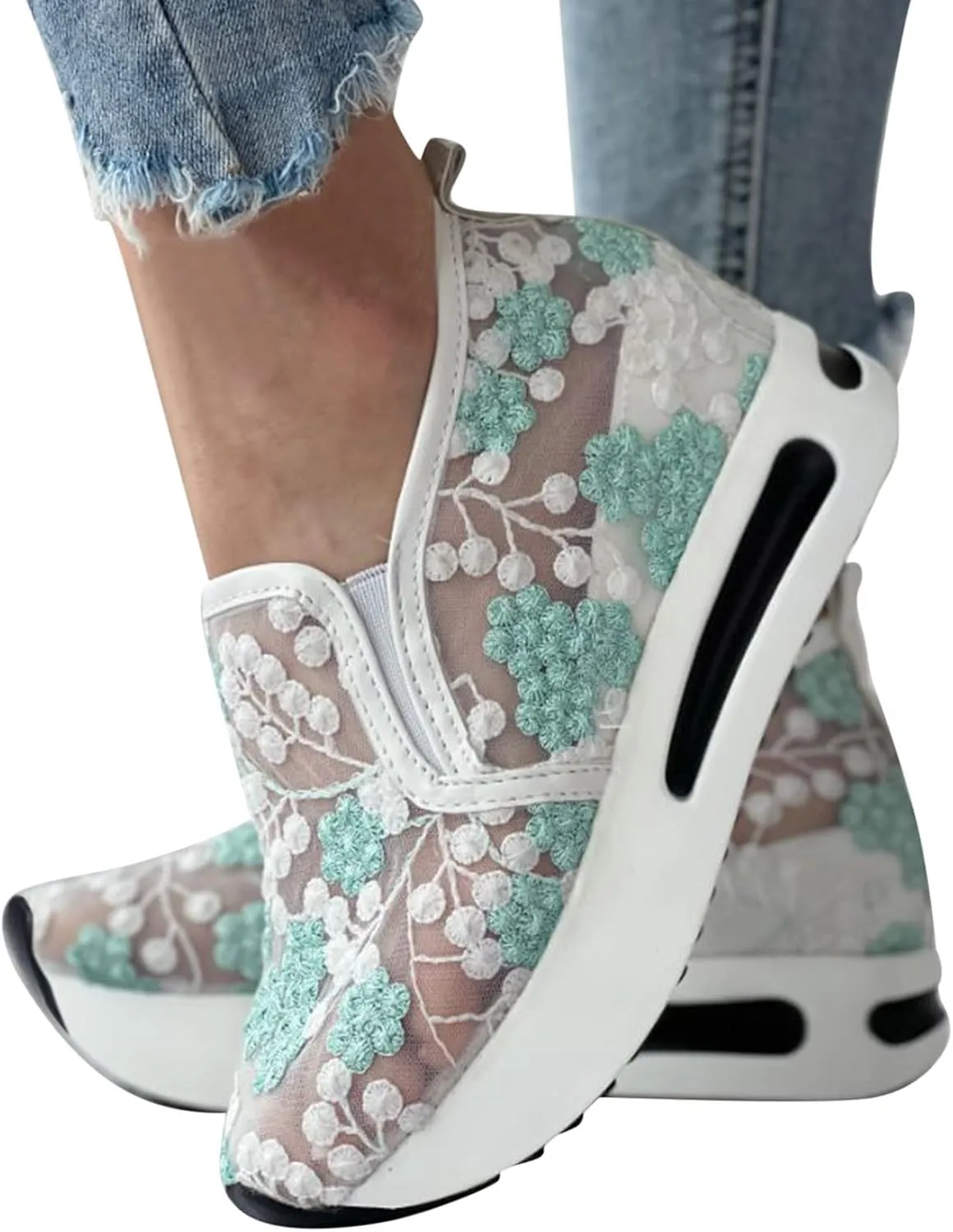 SACFOF Women's Floral Embroidery Breathable Mesh Sneakers Summer Platform Shoes Hidden Wedge High Top Walking Sneakers