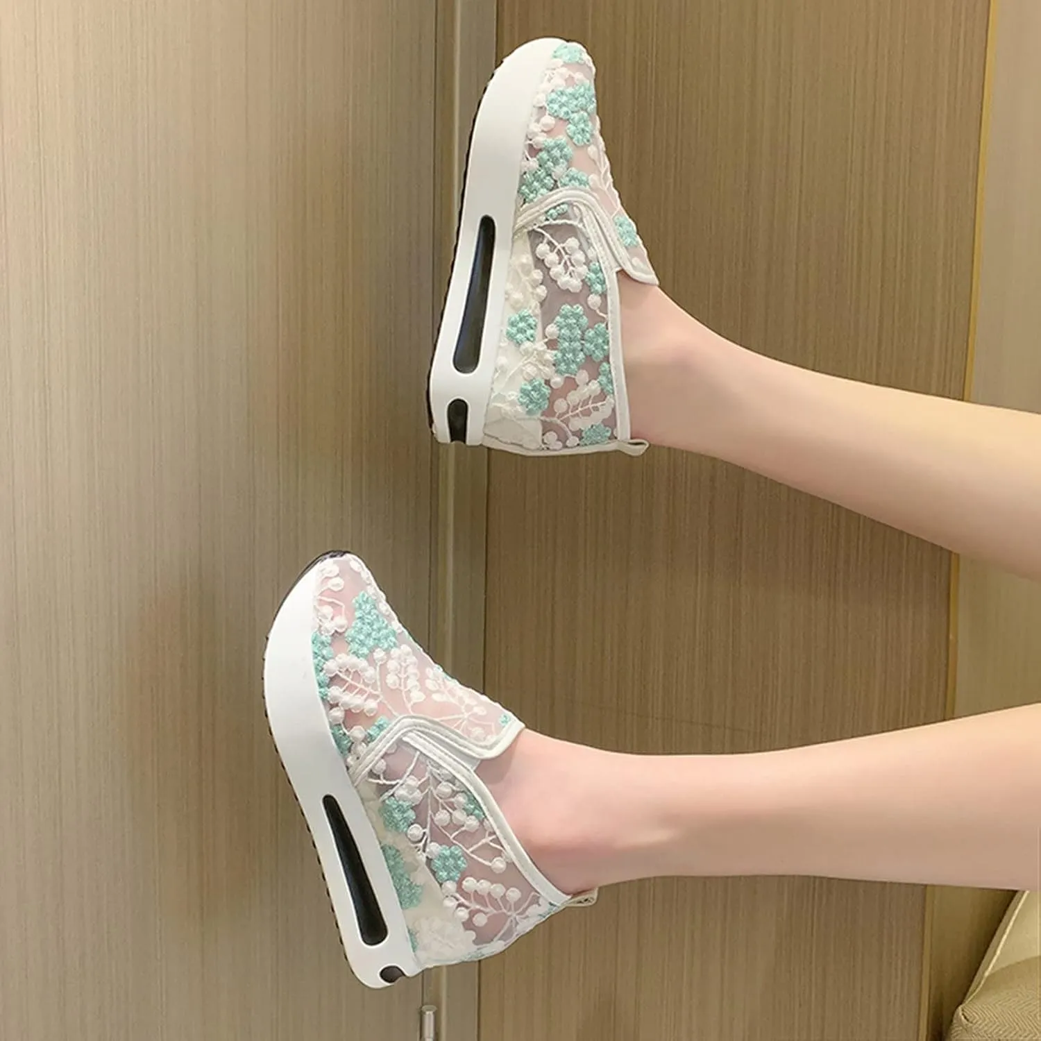 SACFOF Women's Floral Embroidery Breathable Mesh Sneakers Summer Platform Shoes Hidden Wedge High Top Walking Sneakers