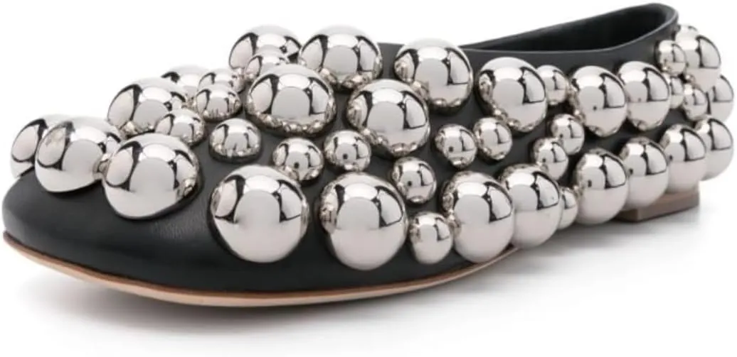 Saint Leia Women's Black Ballet Flats Shoes with Gold Silver Pearls Ideal for Work Parties Everyday Wear