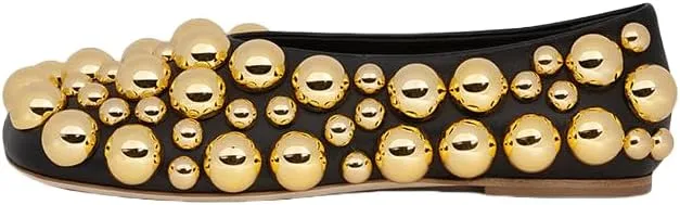 Saint Leia Women's Black Ballet Flats Shoes with Gold Silver Pearls Ideal for Work Parties Everyday Wear