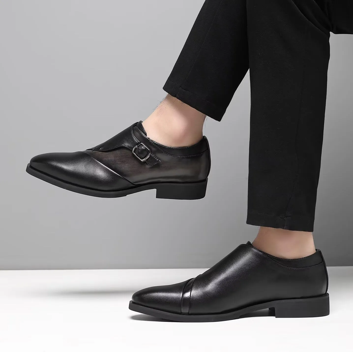 SANNAX Monk Strap Mens Dress Loafer Shoes Plain Toe Classic Oxfords Shoes for Formal Business Wedding