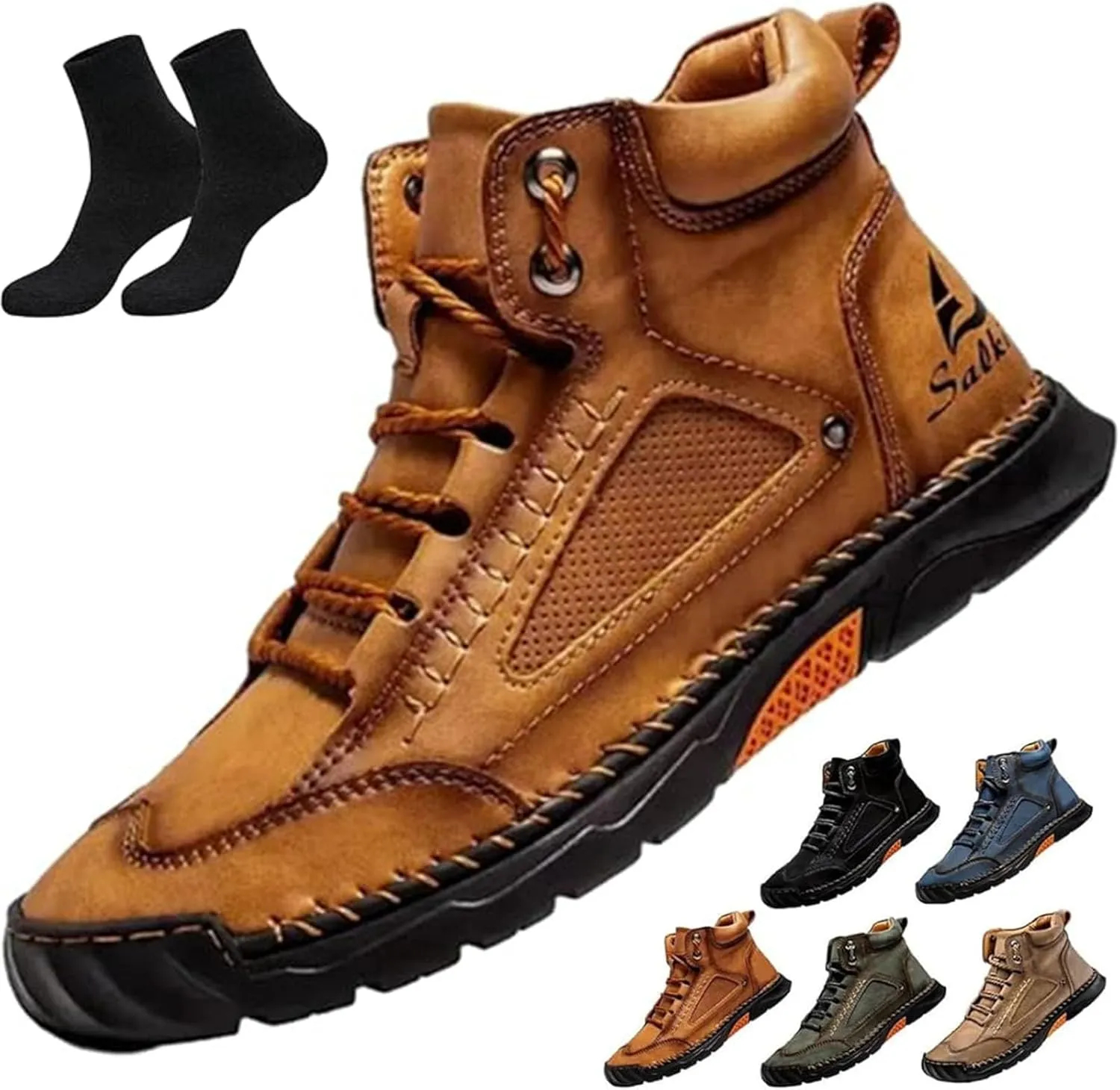 Sawbehind Mens Boots,Sawbehind Leather Shoes, Men's Comfortable Handmade Leather Boots  Waterproof, Outdoor Arch Support Orthopedics Ankle Shoes