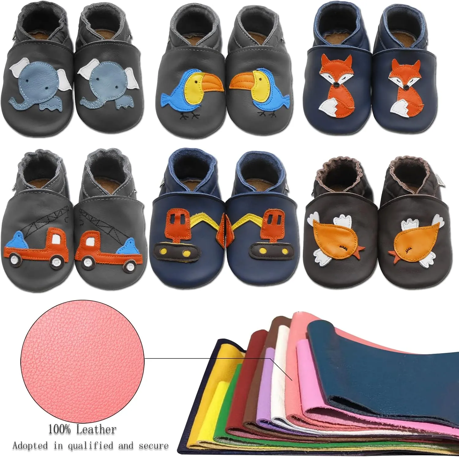 Soft Leather Slippers Baby Moccasins with Rubber Sole, Anti-Slip Infant Toddler First Walking Shoes for Boys Girls, 0-24 Months