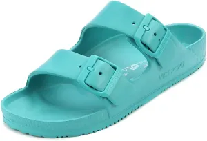 VICT POPU Womens Sandals Adjustable Double Buckle Strap Waterproof EVA Flat Slides