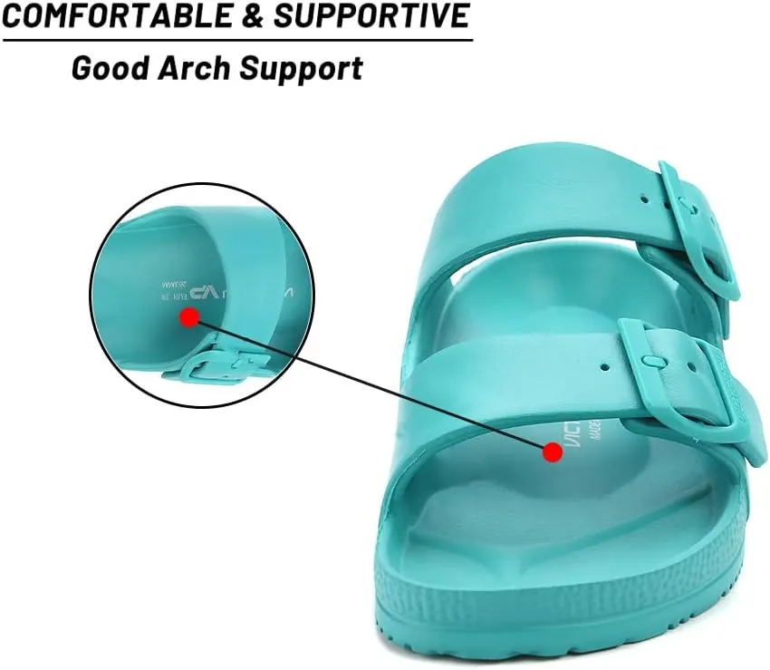 VICT POPU Womens Sandals Adjustable Double Buckle Strap Waterproof EVA Flat Slides