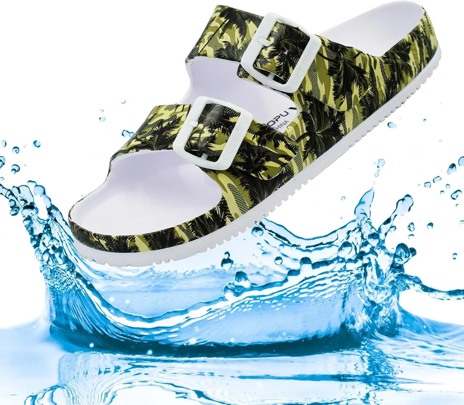 VICT POPU Womens Sandals Adjustable Double Buckle Strap Waterproof EVA Flat Slides