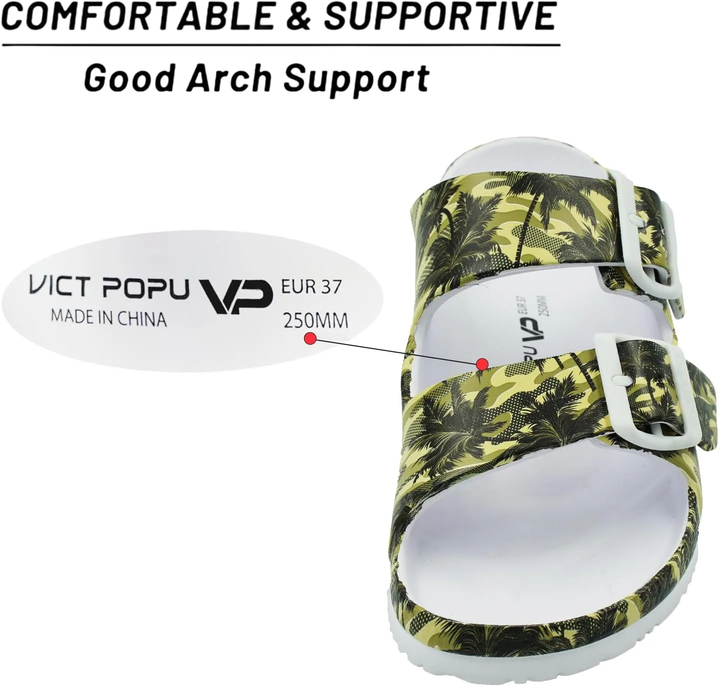 VICT POPU Womens Sandals Adjustable Double Buckle Strap Waterproof EVA Flat Slides
