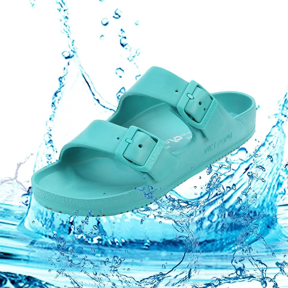VICT POPU Womens Sandals Adjustable Double Buckle Strap Waterproof EVA Flat Slides