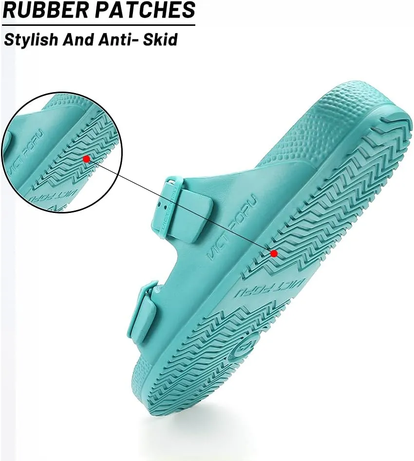 VICT POPU Womens Sandals Adjustable Double Buckle Strap Waterproof EVA Flat Slides