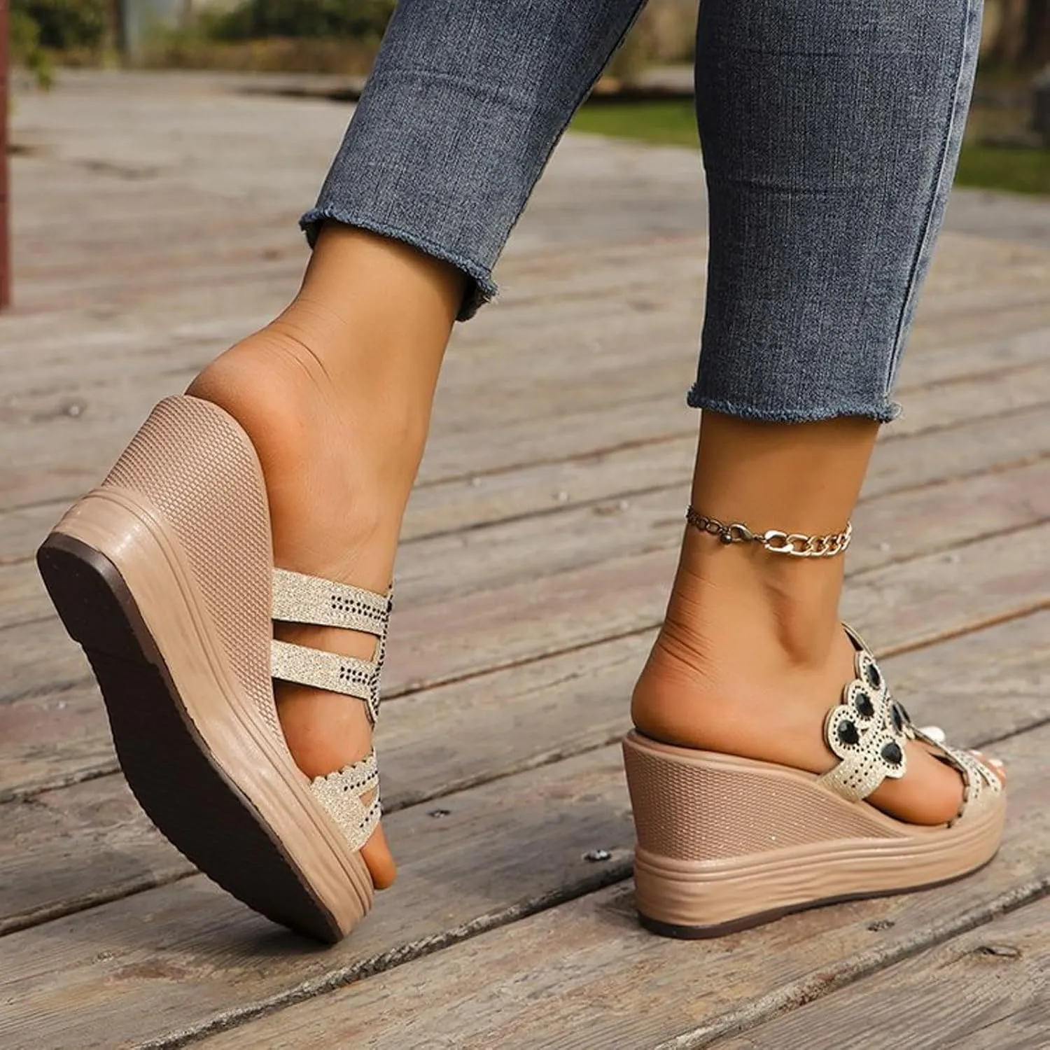 Wedge Sandals for Women Comfortable Open Toe High Heel Wedges Slides Rhinestone Platform Shoes Dressy Summer Sandal