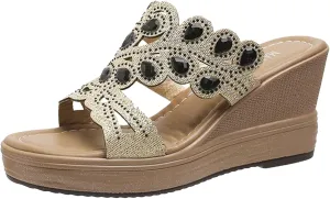 Wedge Sandals for Women Comfortable Open Toe High Heel Wedges Slides Rhinestone Platform Shoes Dressy Summer Sandal