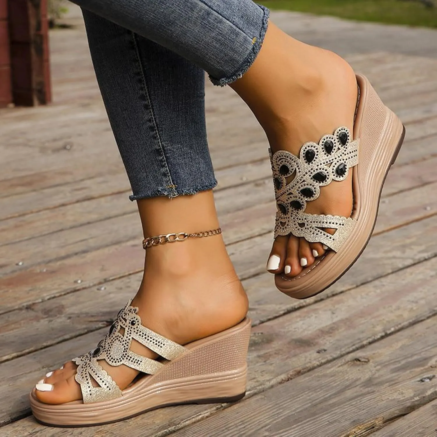 Wedge Sandals for Women Comfortable Open Toe High Heel Wedges Slides Rhinestone Platform Shoes Dressy Summer Sandal