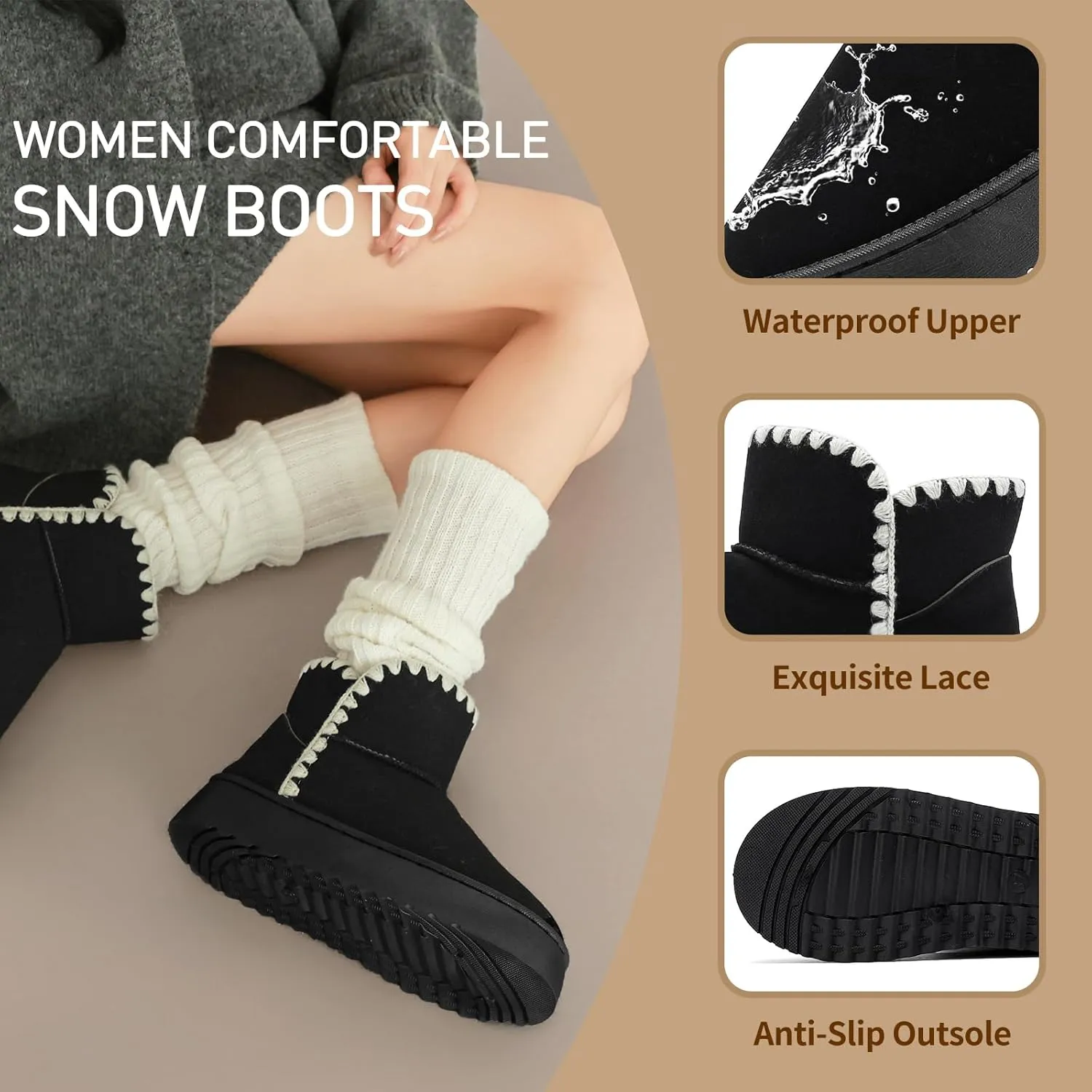 Winter Boots for Women, Lightweight Platform Boots Fashion Ankle Boots for Women,Classic Suede Fur Leather Snow Boots with Comfort Insole Waterproof Stylish Fall Boots