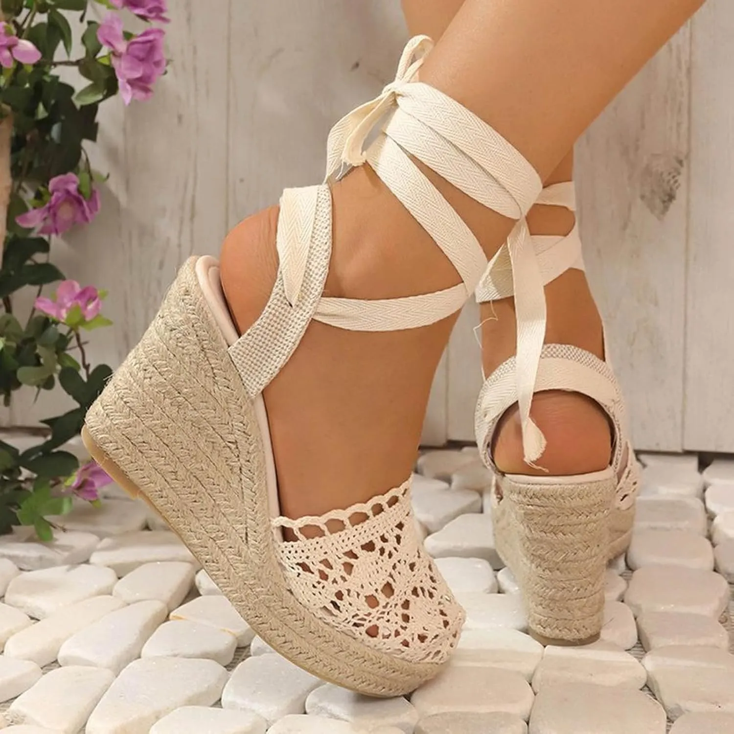 Women's Espadrille Wedge Sandal Hollow Closed Toe High Platforms Lace Up Dressy Summer Sandals Slip On Casual Shoes