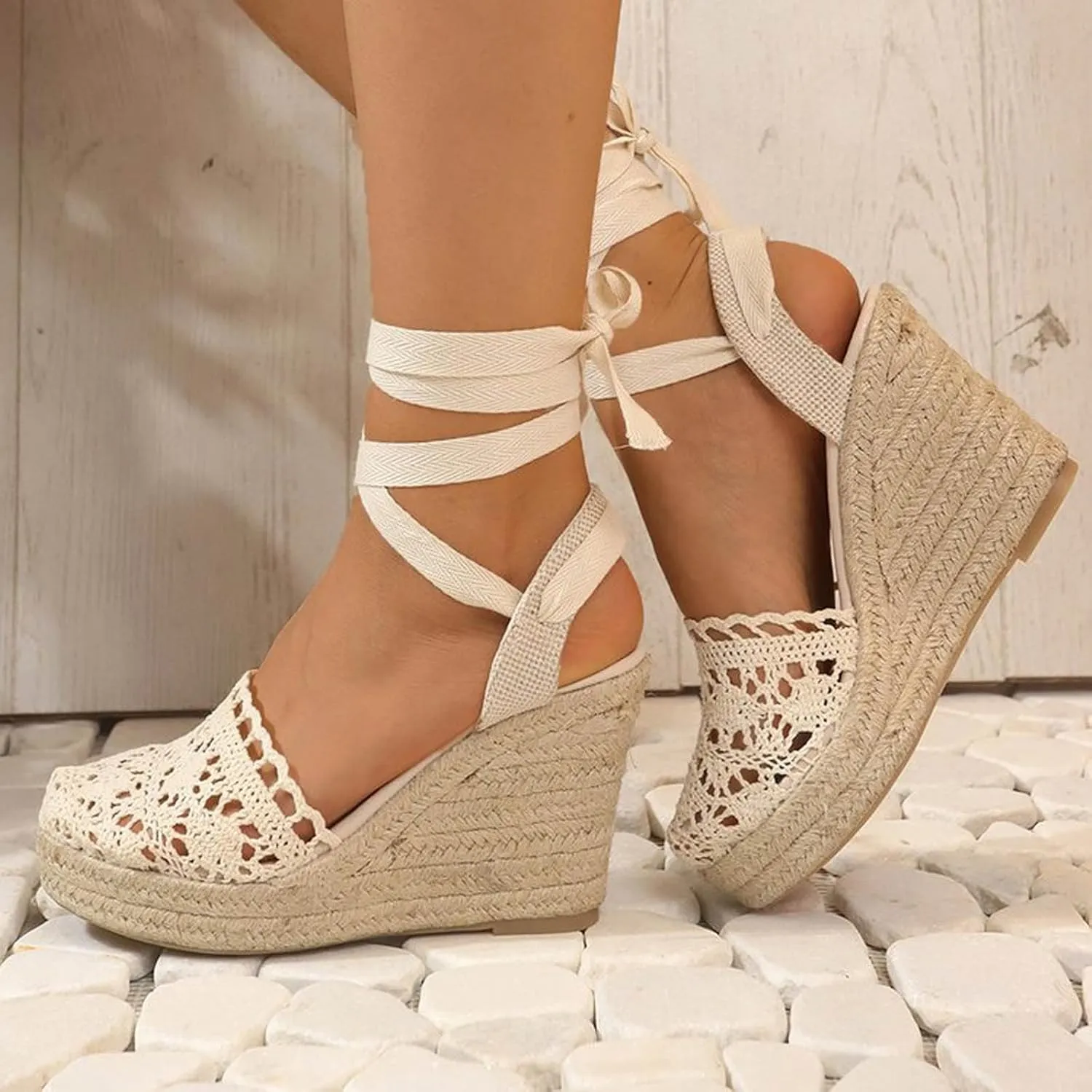 Women's Espadrille Wedge Sandal Hollow Closed Toe High Platforms Lace Up Dressy Summer Sandals Slip On Casual Shoes