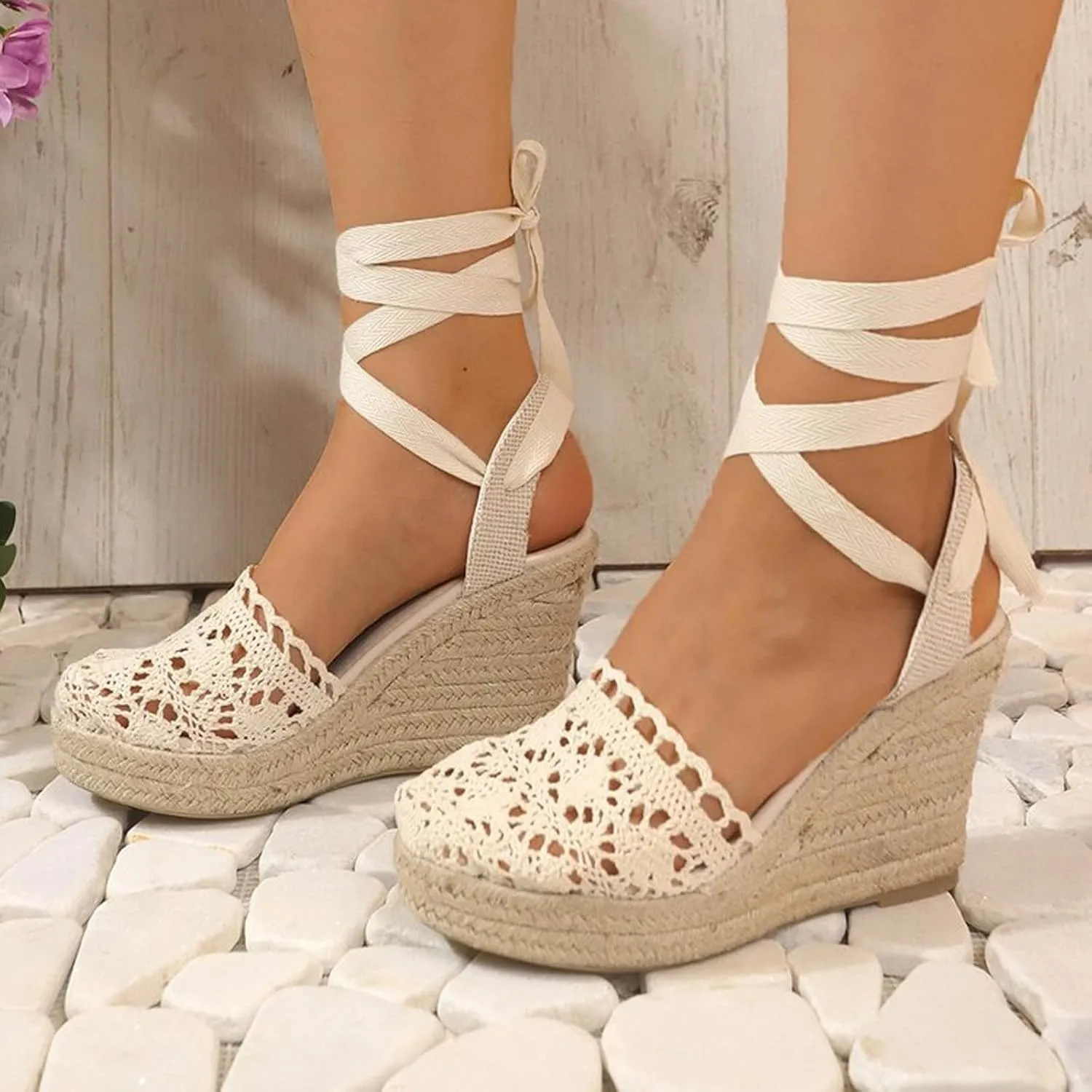 Women's Espadrille Wedge Sandal Hollow Closed Toe High Platforms Lace Up Dressy Summer Sandals Slip On Casual Shoes
