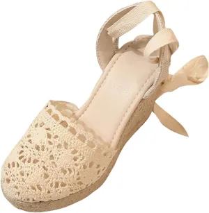 Women's Espadrille Wedge Sandal Hollow Closed Toe High Platforms Lace Up Dressy Summer Sandals Slip On Casual Shoes